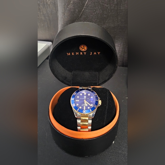 Henry Jay Quartz 23K Gold Plate Stainless Steel Aquamaster Dive Watch w/Date - Picture 5 of 6